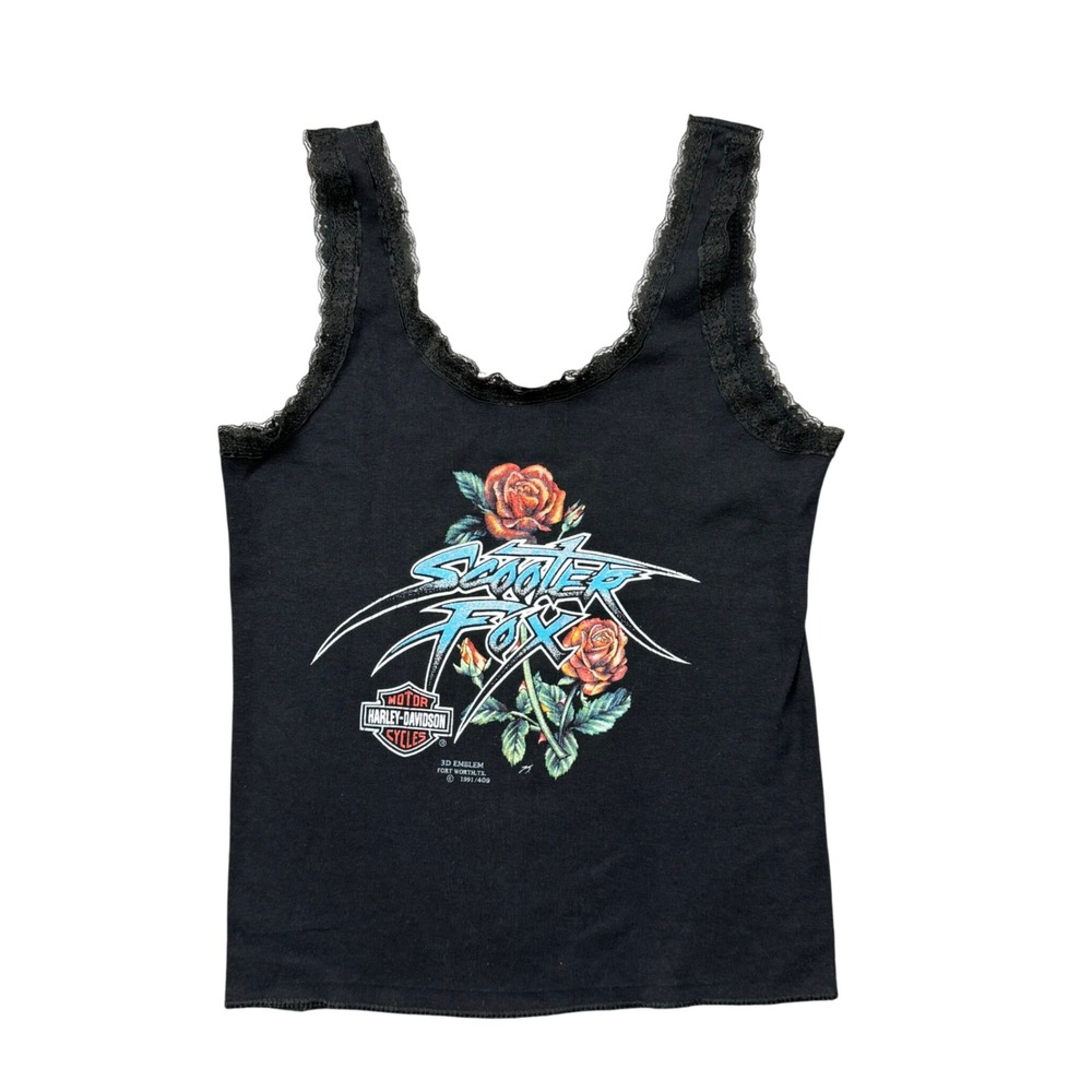 Vtg 90s Harley Davidson 3D Emblem Tank Top Shirt Women Medium Black Lace Trim
